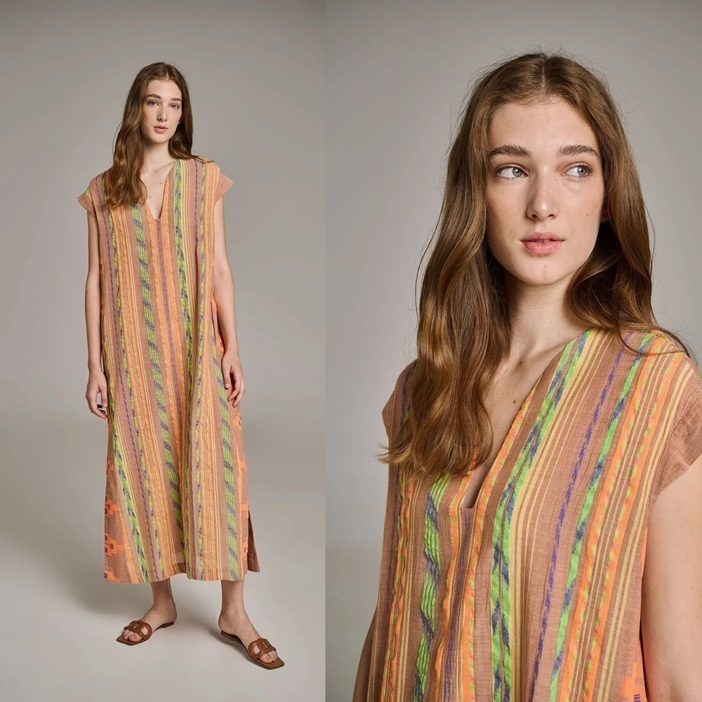 Devotion Twins tan striped ikat aztec print Caftan Maxi dress size small